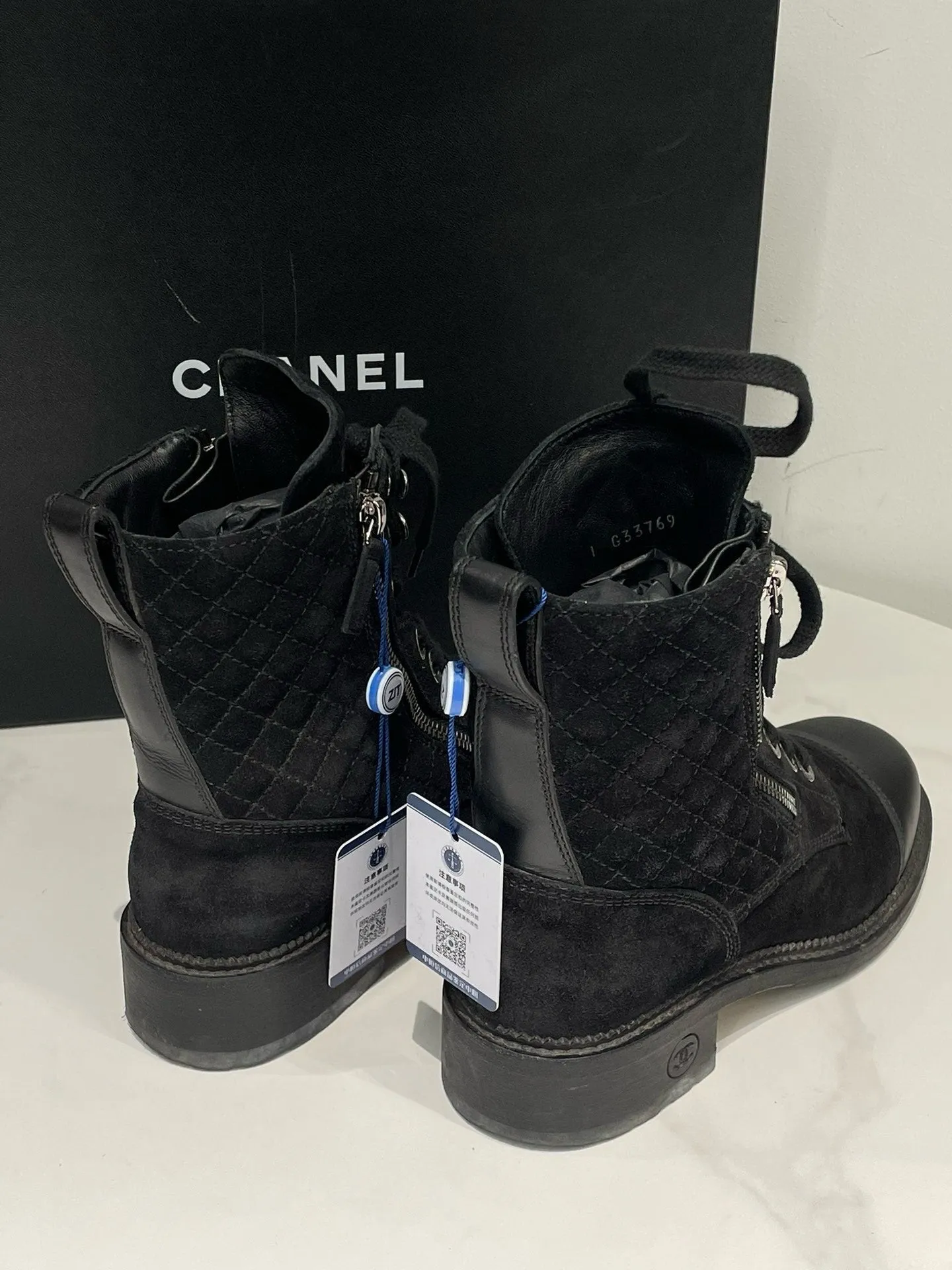 Chanel Black Suede Leather Lace Up Ankle Boots Size 36