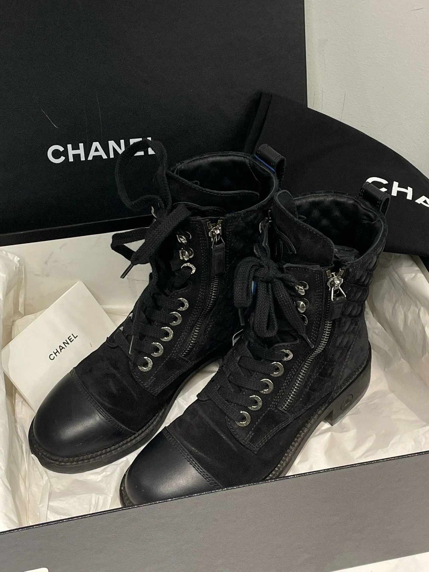 Chanel Black Suede Leather Lace Up Ankle Boots Size 36