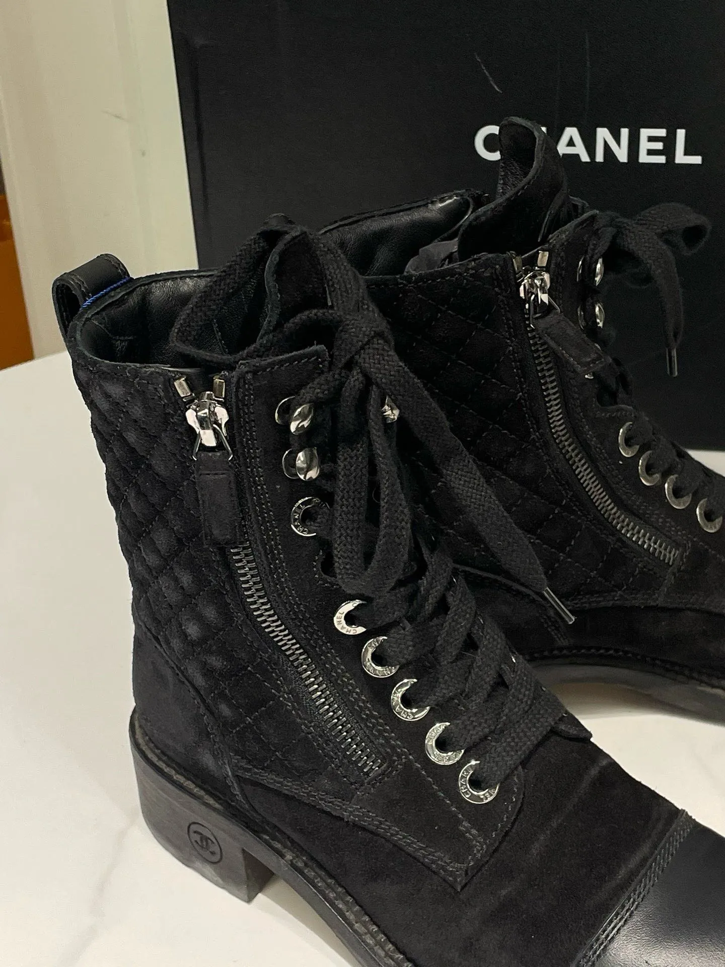 Chanel Black Suede Leather Lace Up Ankle Boots Size 36