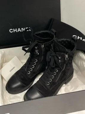 Chanel Black Suede Leather Lace Up Ankle Boots Size 36
