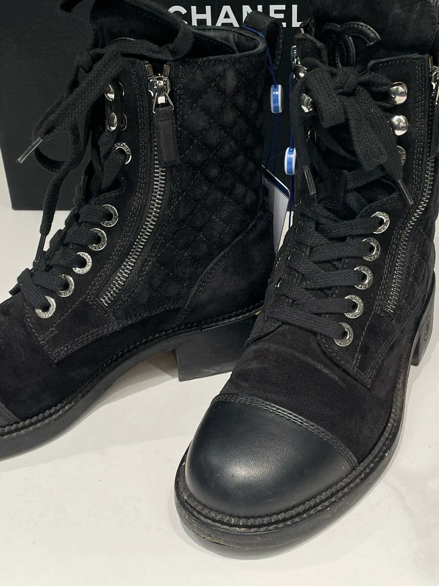 Chanel Black Suede Leather Lace Up Ankle Boots Size 36