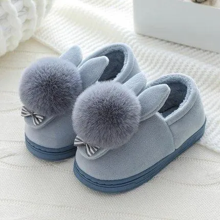 Charming Rabbit Fur Slippers - Cozy Winter Footwear for Young Women