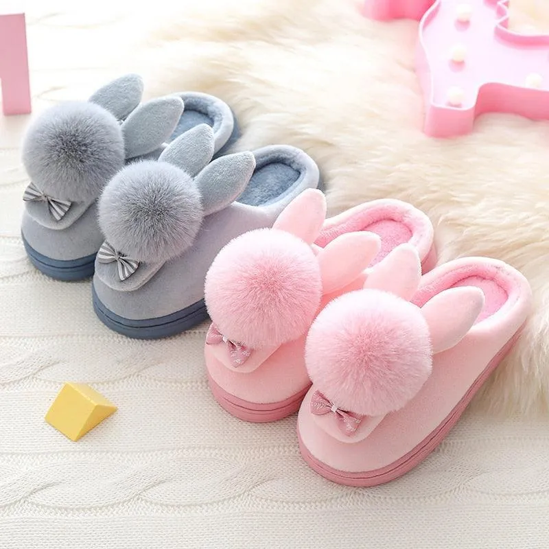 Charming Rabbit Fur Slippers - Cozy Winter Footwear for Young Women