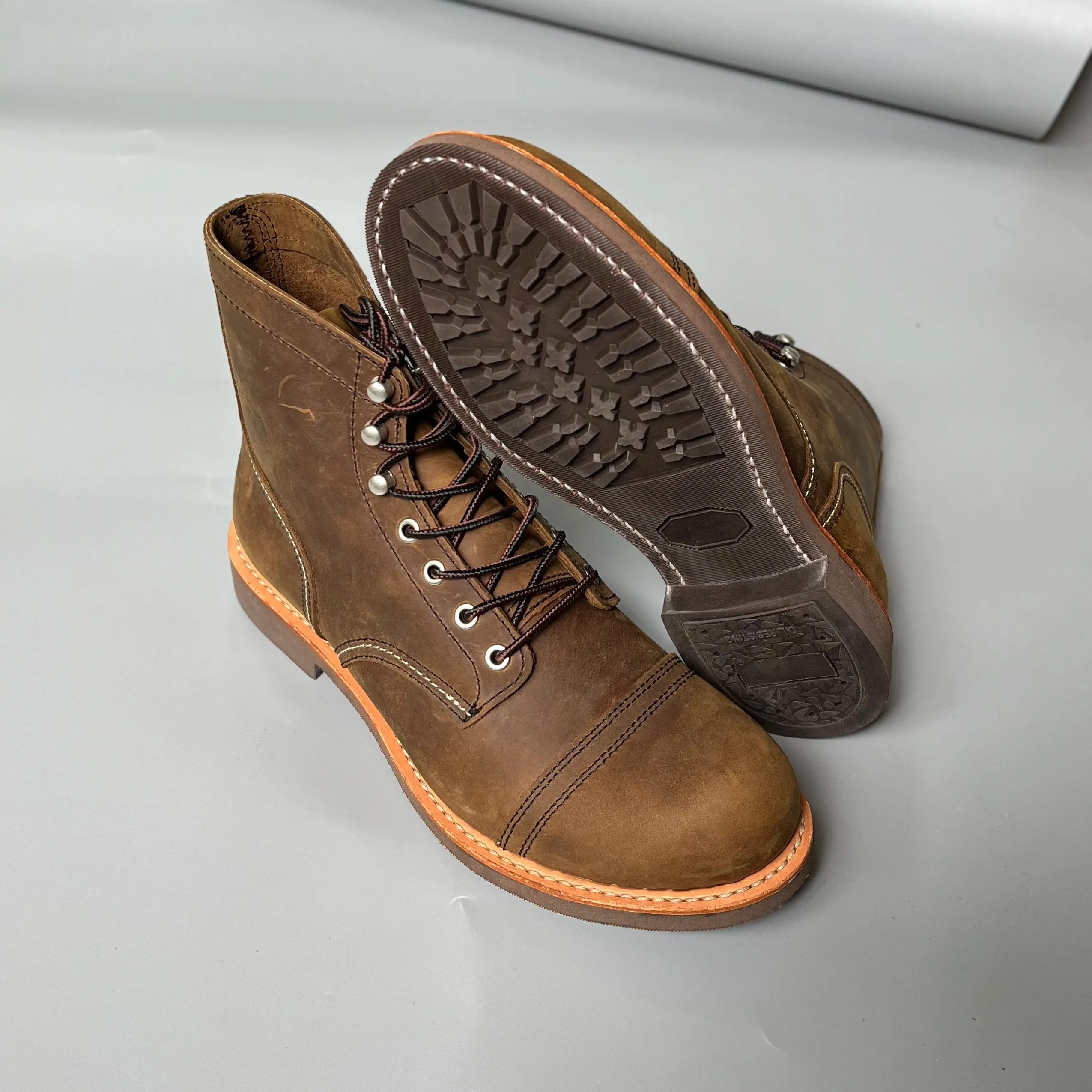 Durable Goodyear-Welted Motorcycle laced boots Rugged Vintage Oil Genuine Leather