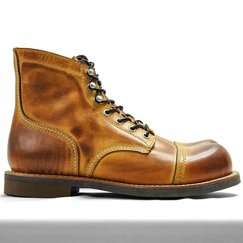Durable Goodyear-Welted Motorcycle laced boots Rugged Vintage Oil Genuine Leather