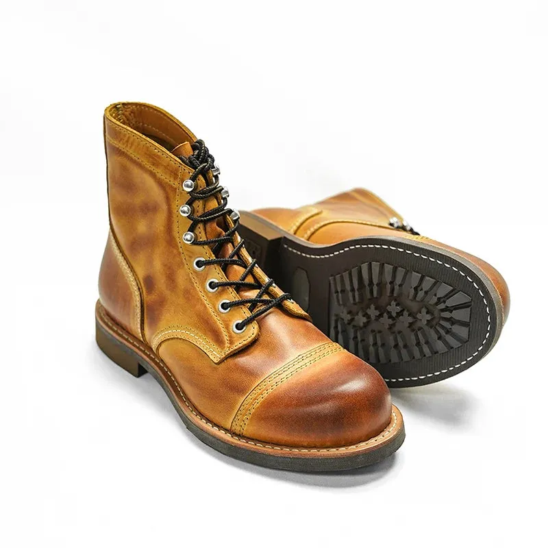 Durable Goodyear-Welted Motorcycle laced boots Rugged Vintage Oil Genuine Leather
