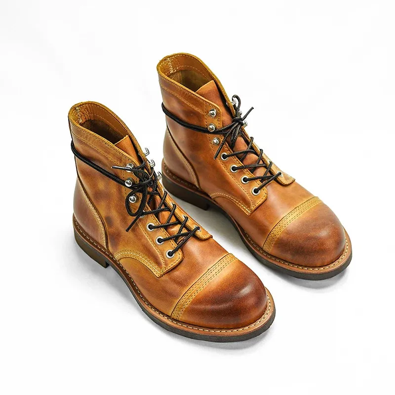 Durable Goodyear-Welted Motorcycle laced boots Rugged Vintage Oil Genuine Leather