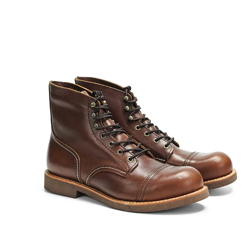 Durable Goodyear-Welted Motorcycle laced boots Rugged Vintage Oil Genuine Leather