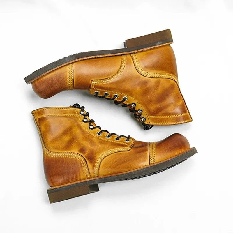 Durable Goodyear-Welted Motorcycle laced boots Rugged Vintage Oil Genuine Leather
