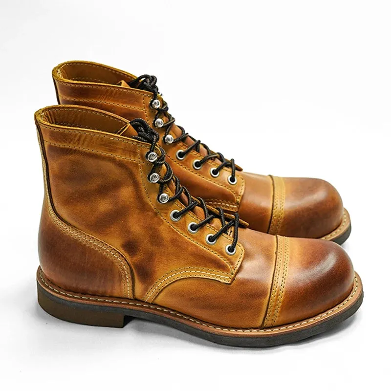 Durable Goodyear-Welted Motorcycle laced boots Rugged Vintage Oil Genuine Leather