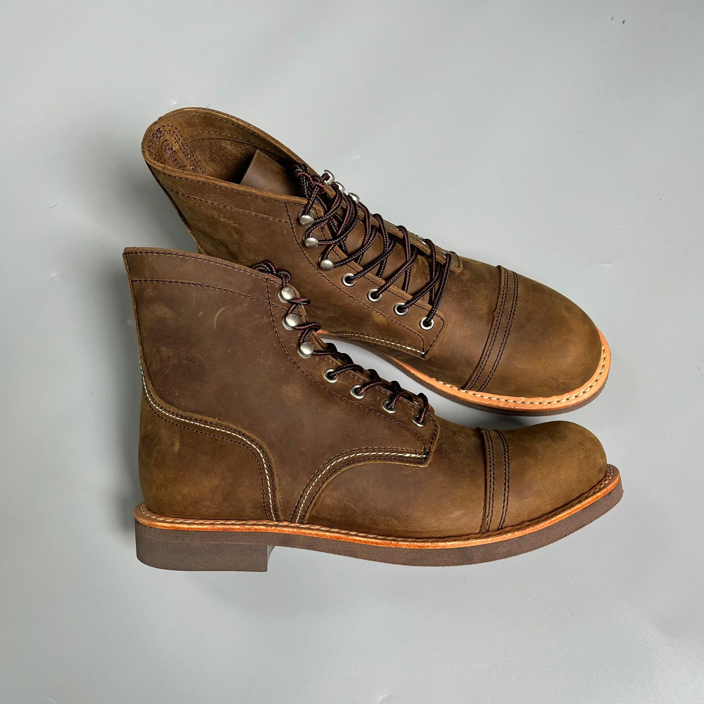 Durable Goodyear-Welted Motorcycle laced boots Rugged Vintage Oil Genuine Leather