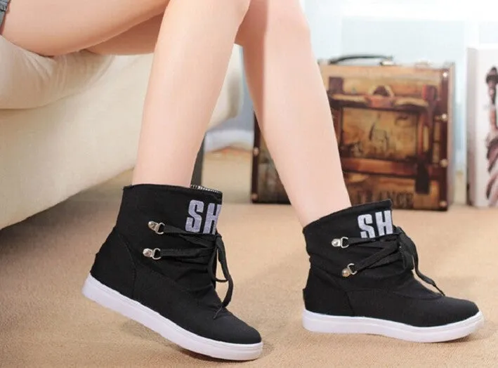 Female Casual Stylish Canvas Solid Color Boots