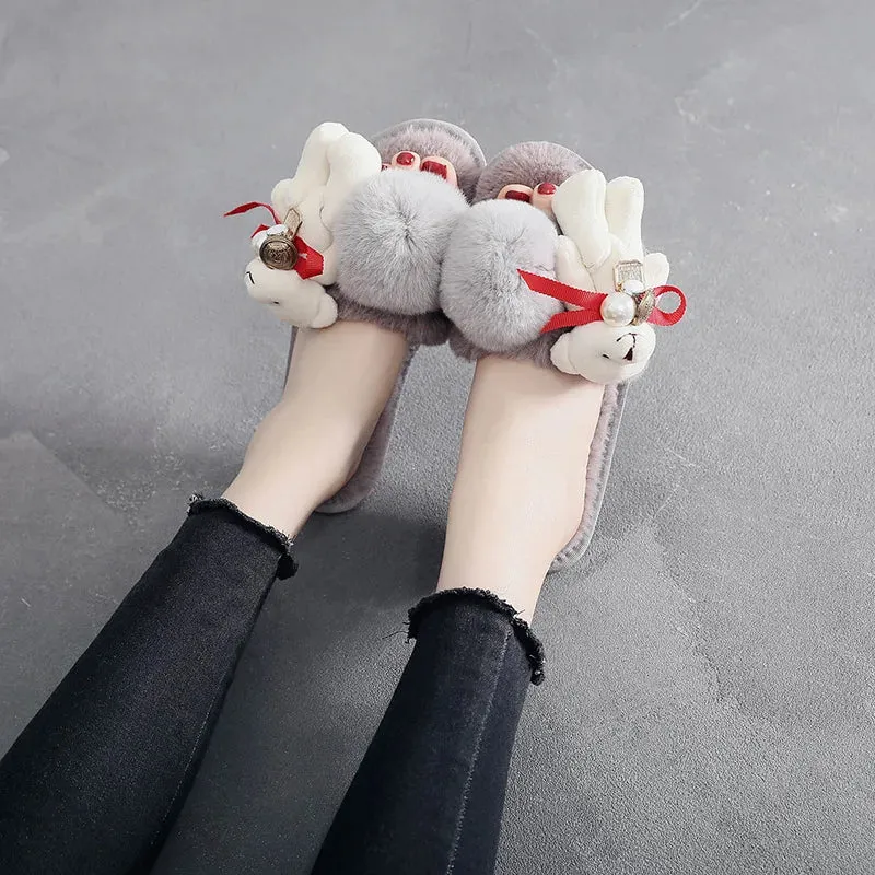 Fur Slipper with Teddy Bear for Women