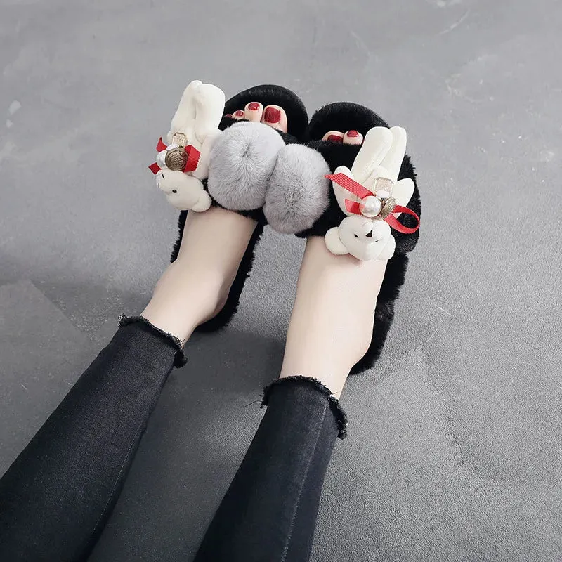 Fur Slipper with Teddy Bear for Women