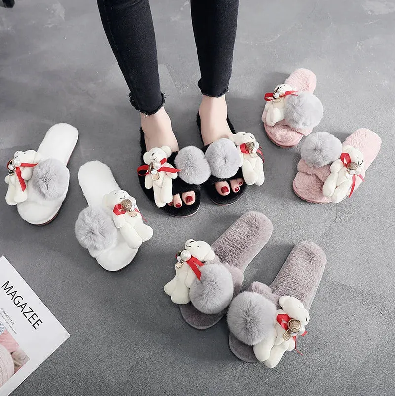 Fur Slipper with Teddy Bear for Women