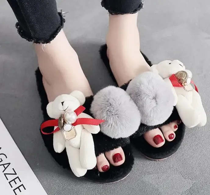 Fur Slipper with Teddy Bear for Women
