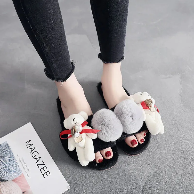 Fur Slipper with Teddy Bear for Women