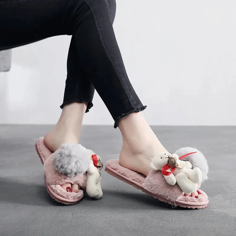 Fur Slipper with Teddy Bear for Women