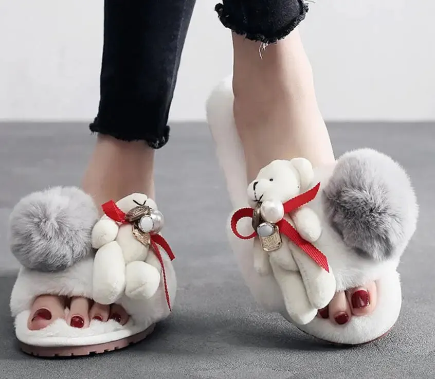 Fur Slipper with Teddy Bear for Women