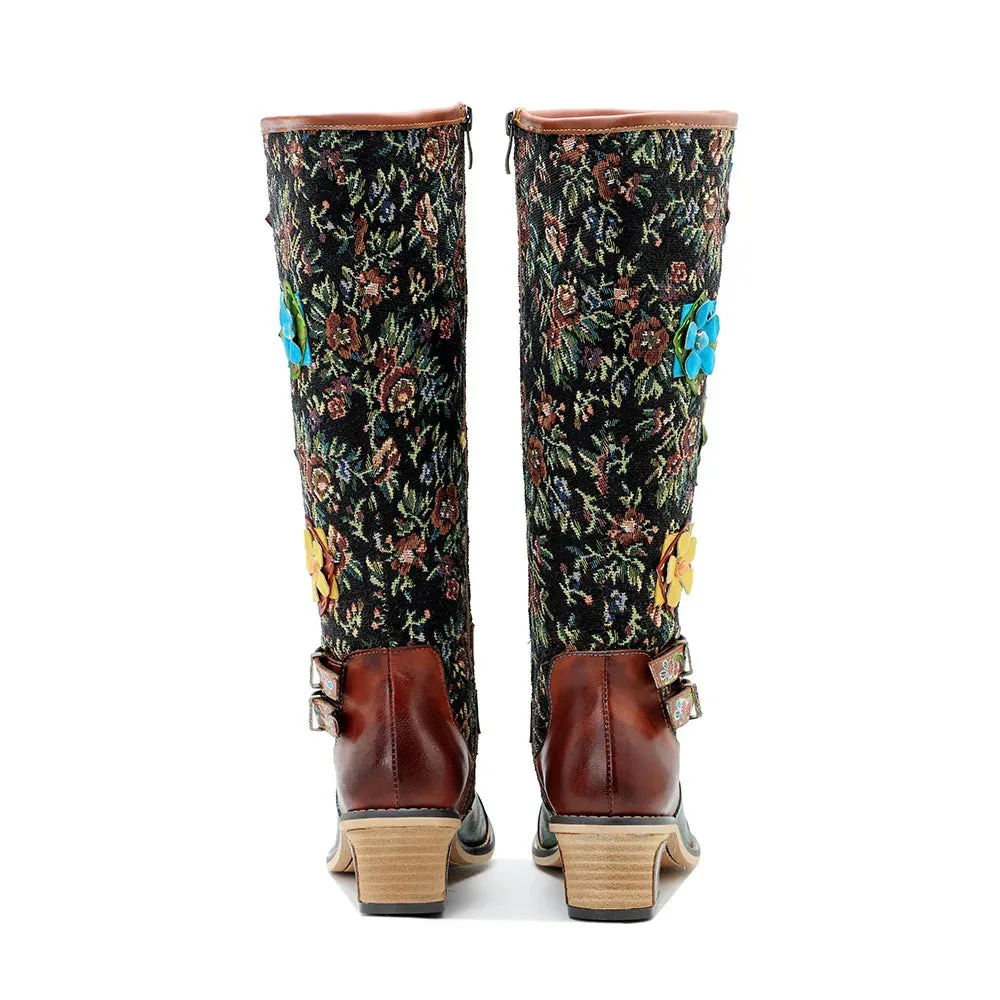 Handmade Printed Splice Flower Belt Buckle Boots