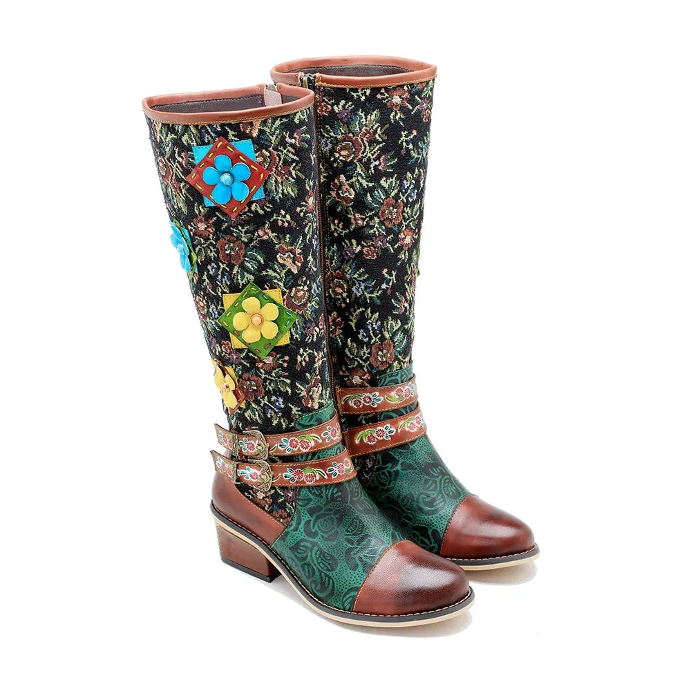 Handmade Printed Splice Flower Belt Buckle Boots