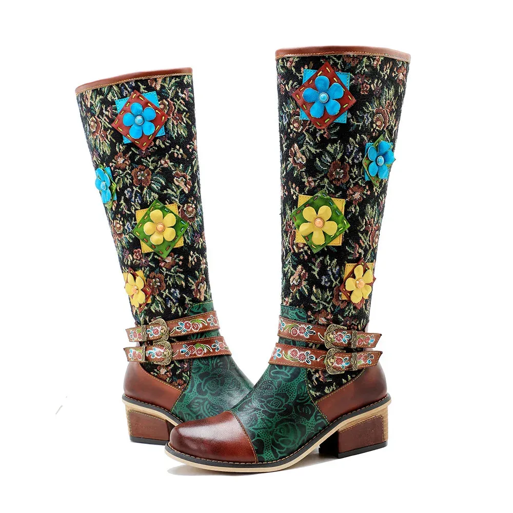 Handmade Printed Splice Flower Belt Buckle Boots