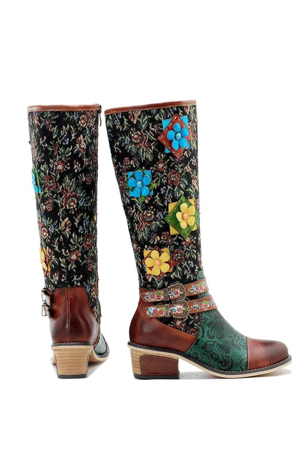 Handmade Printed Splice Flower Belt Buckle Boots