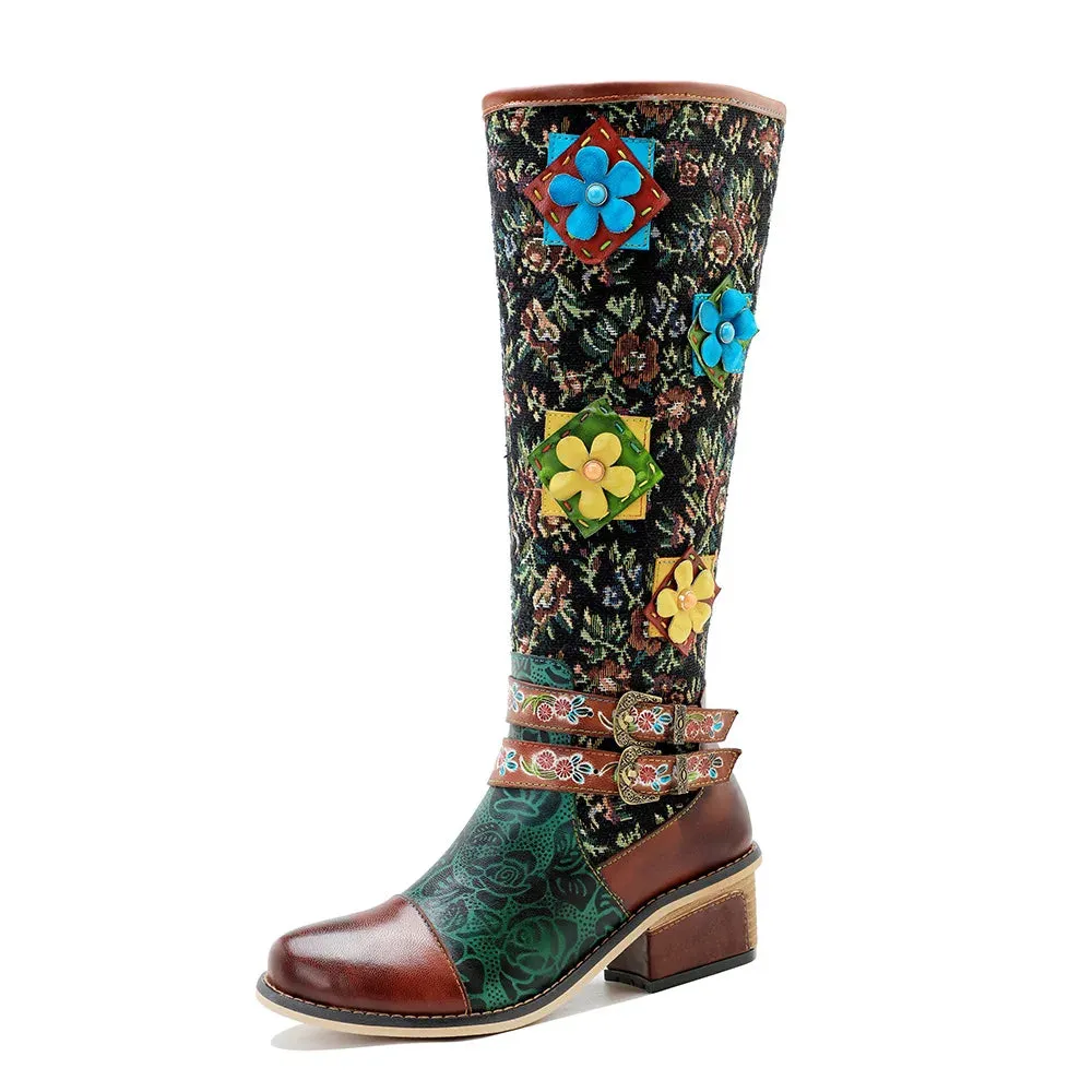 Handmade Printed Splice Flower Belt Buckle Boots