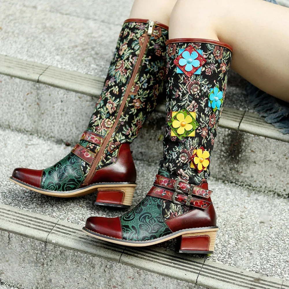 Handmade Printed Splice Flower Belt Buckle Boots