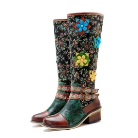 Handmade Printed Splice Flower Belt Buckle Boots