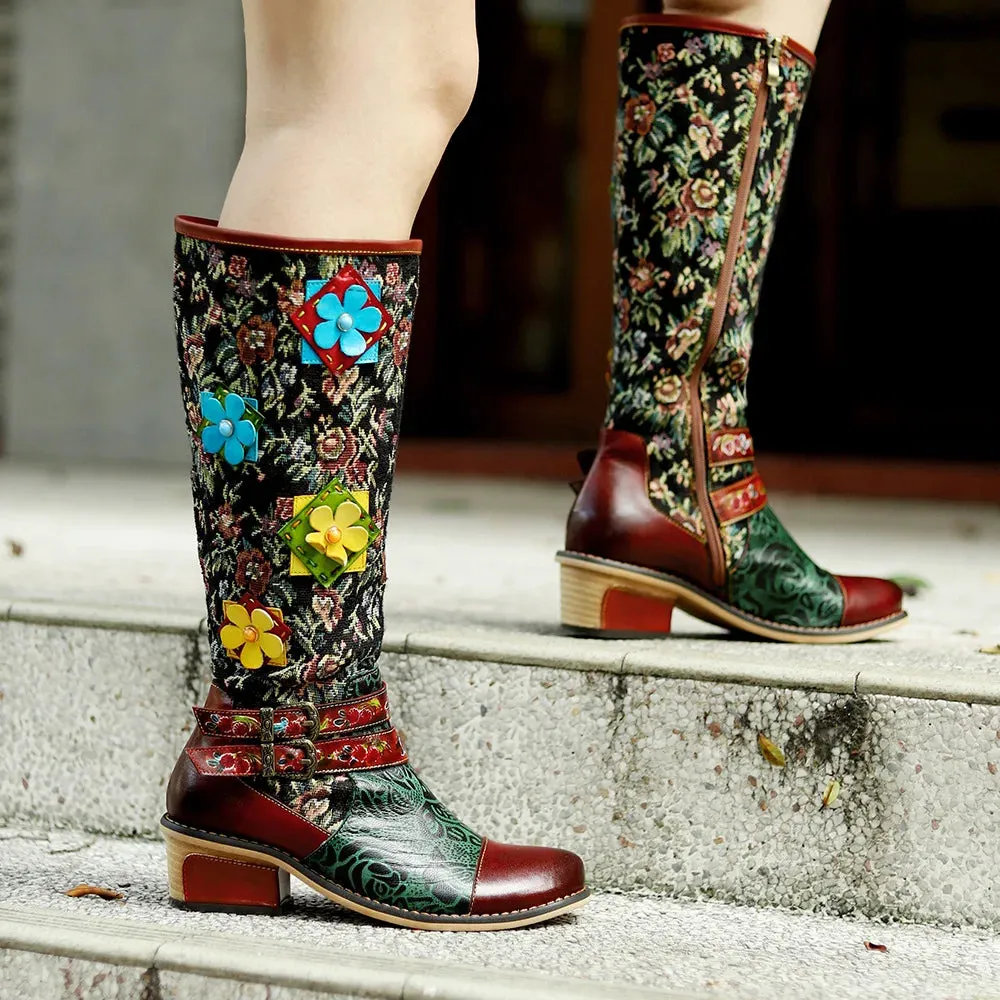 Handmade Printed Splice Flower Belt Buckle Boots