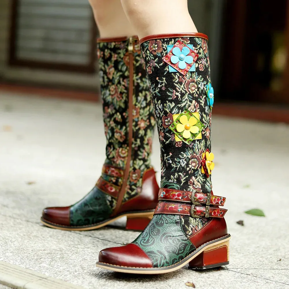 Handmade Printed Splice Flower Belt Buckle Boots