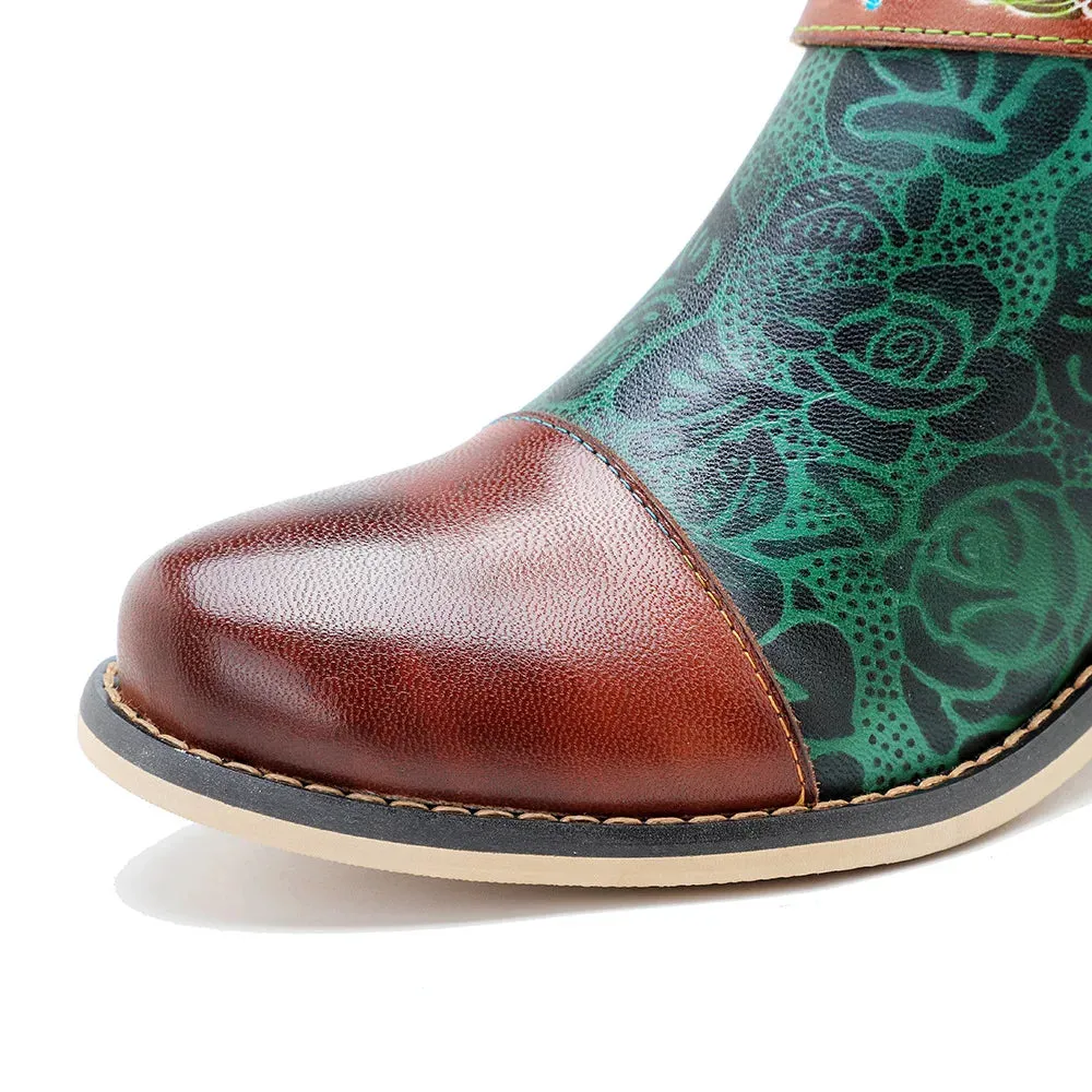Handmade Printed Splice Flower Belt Buckle Boots