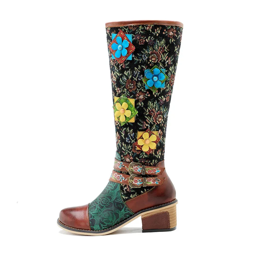Handmade Printed Splice Flower Belt Buckle Boots
