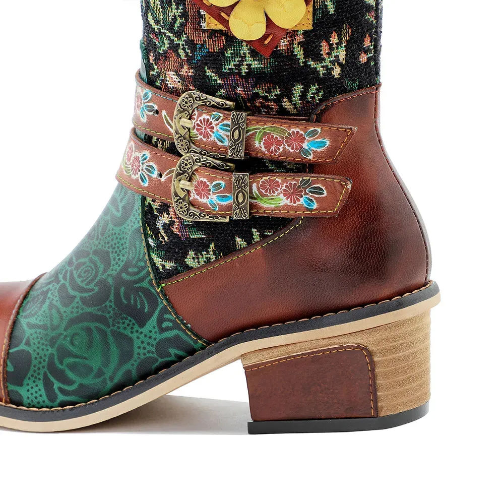 Handmade Printed Splice Flower Belt Buckle Boots