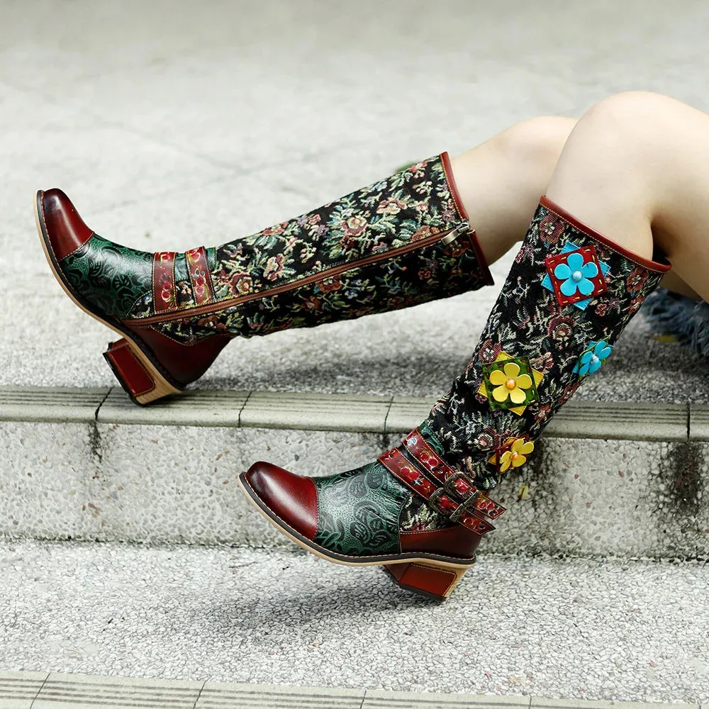 Handmade Printed Splice Flower Belt Buckle Boots
