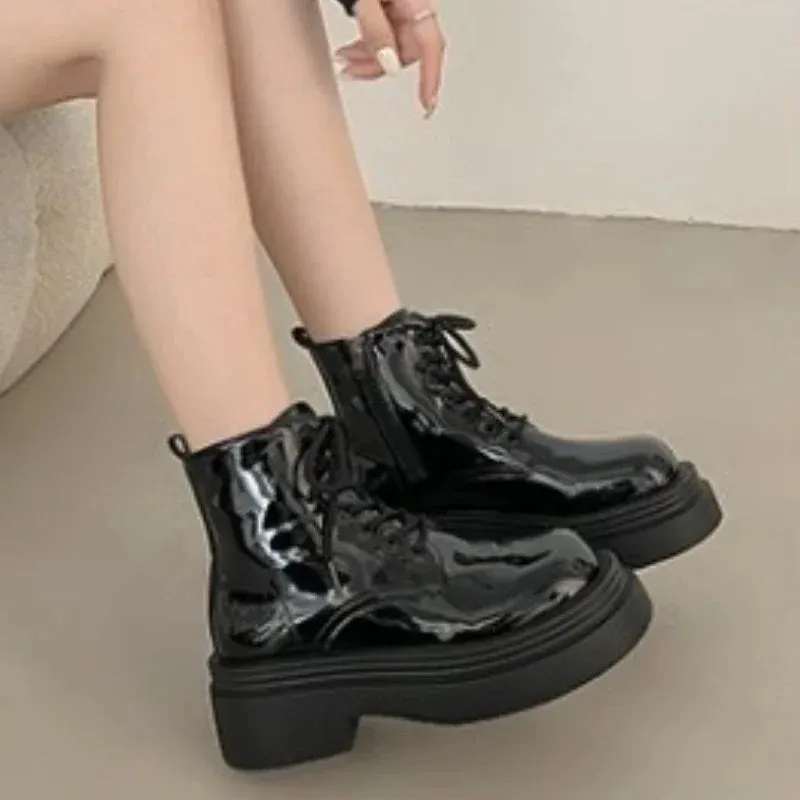 Joskaa Women Shiny Lacquer Leather Short Boots  Winter European American Fashion Anti Slip Durable Boots Banquet Travel Casual Shoes