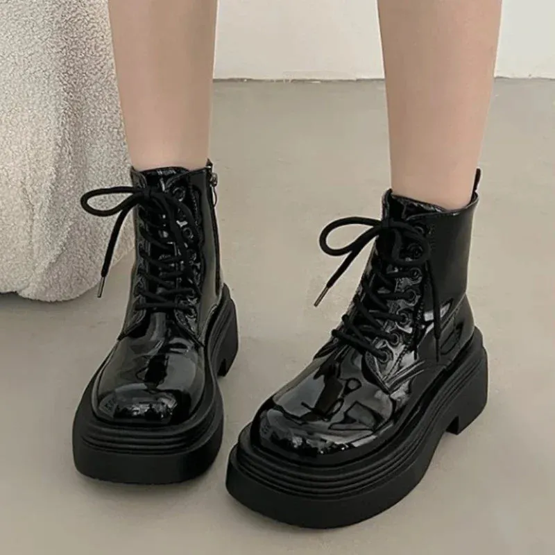 Joskaa Women Shiny Lacquer Leather Short Boots  Winter European American Fashion Anti Slip Durable Boots Banquet Travel Casual Shoes