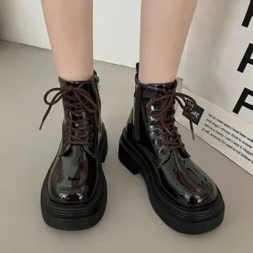 Joskaa Women Shiny Lacquer Leather Short Boots  Winter European American Fashion Anti Slip Durable Boots Banquet Travel Casual Shoes