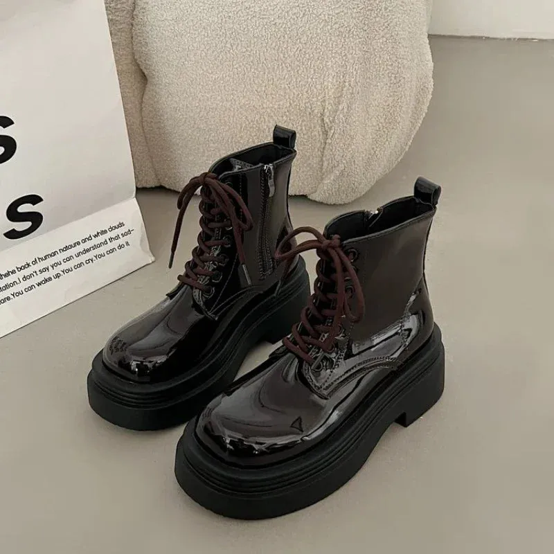 Joskaa Women Shiny Lacquer Leather Short Boots  Winter European American Fashion Anti Slip Durable Boots Banquet Travel Casual Shoes