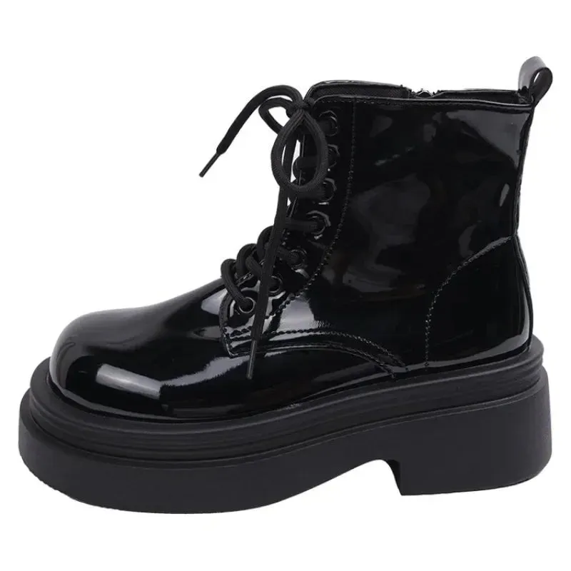 Joskaa Women Shiny Lacquer Leather Short Boots  Winter European American Fashion Anti Slip Durable Boots Banquet Travel Casual Shoes