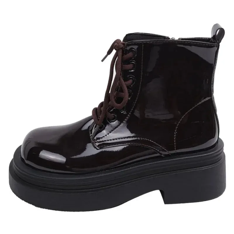 Joskaa Women Shiny Lacquer Leather Short Boots  Winter European American Fashion Anti Slip Durable Boots Banquet Travel Casual Shoes