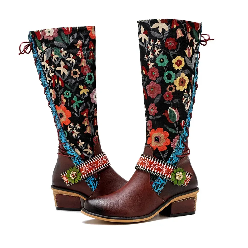 Lady Flower Embroidered Jacquard Print Cloth Spring Boots & Genuine Leather