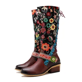Lady Flower Embroidered Jacquard Print Cloth Spring Boots & Genuine Leather