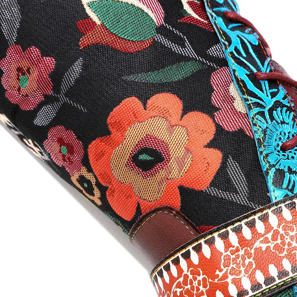 Lady Flower Embroidered Jacquard Print Cloth Spring Boots & Genuine Leather