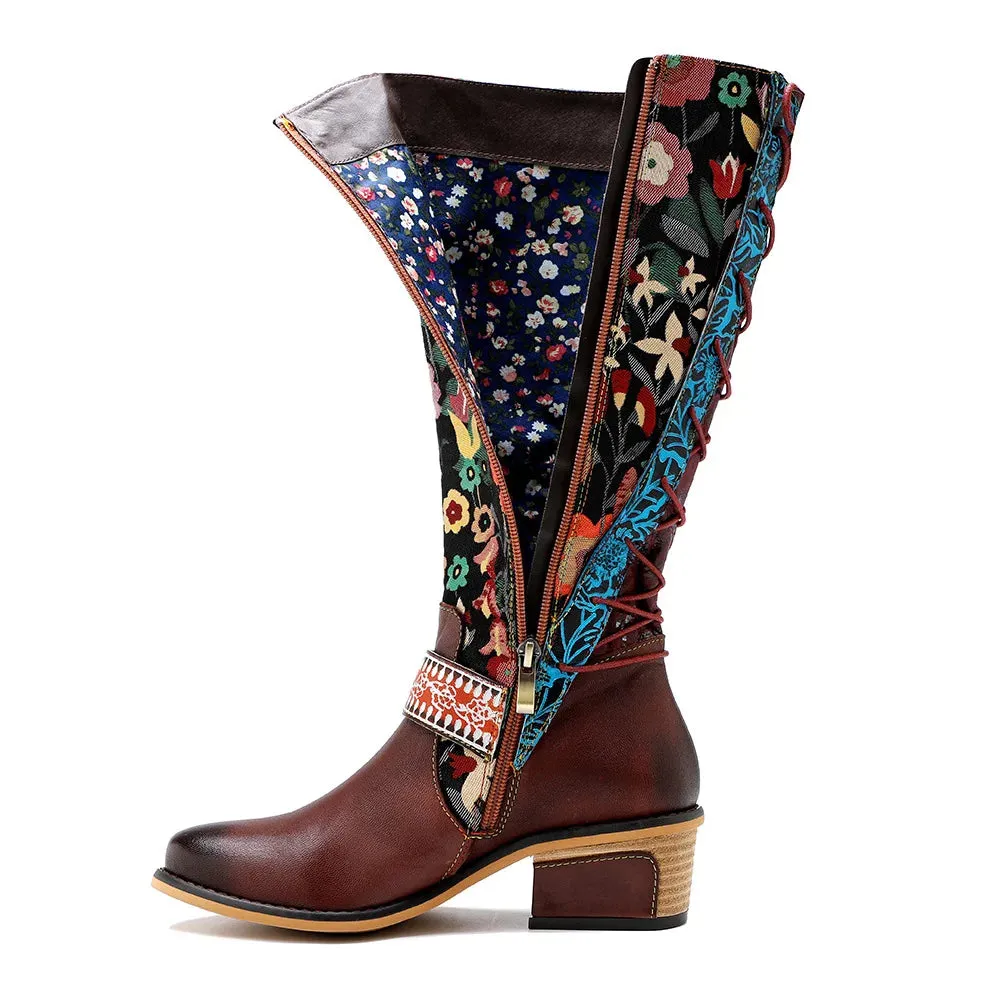 Lady Flower Embroidered Jacquard Print Cloth Spring Boots & Genuine Leather