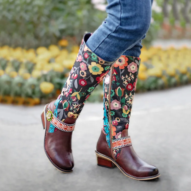 Lady Flower Embroidered Jacquard Print Cloth Spring Boots & Genuine Leather