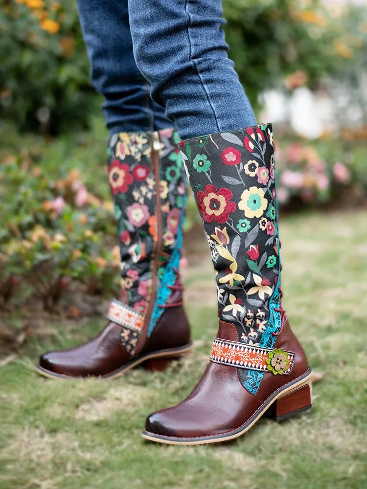 Lady Flower Embroidered Jacquard Print Cloth Spring Boots & Genuine Leather