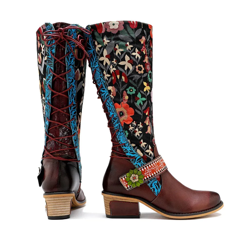 Lady Flower Embroidered Jacquard Print Cloth Spring Boots & Genuine Leather
