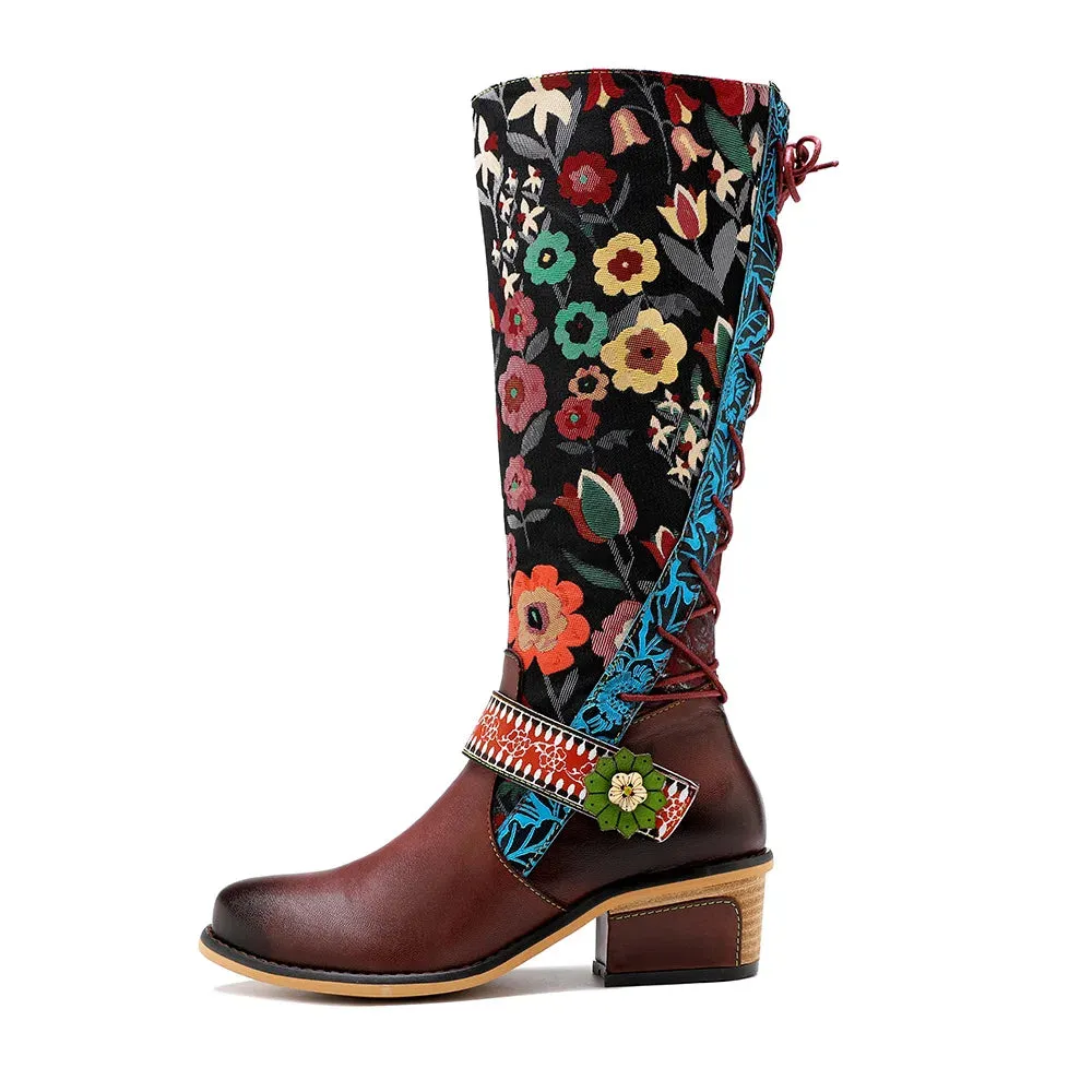 Lady Flower Embroidered Jacquard Print Cloth Spring Boots & Genuine Leather